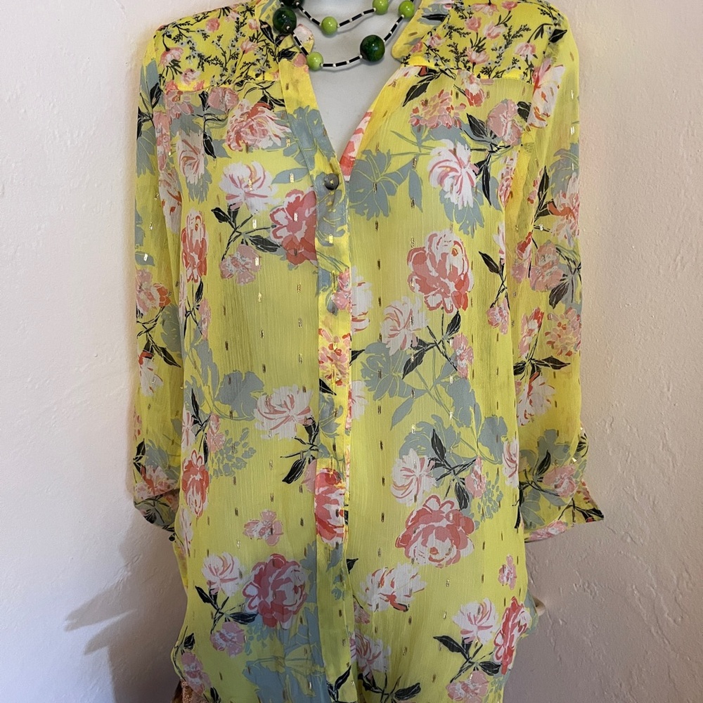 Gigueroa & Flowers Floral Yellow Sheer Blouse